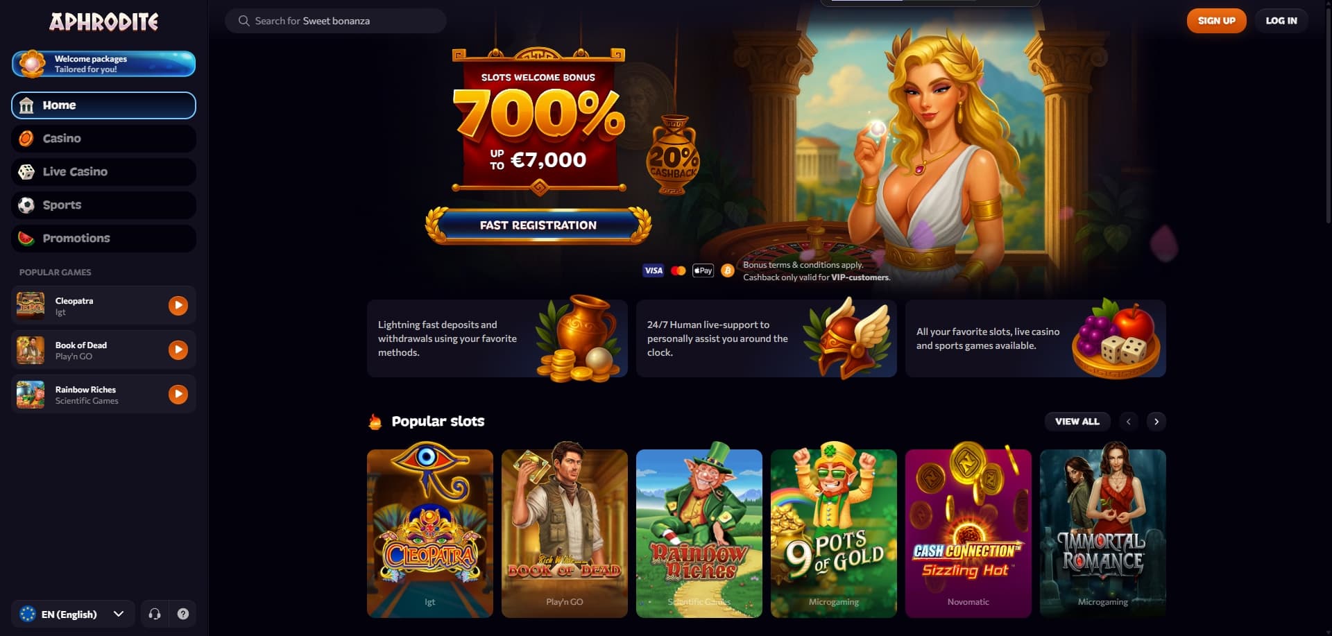 Aphrodite Casino homepage