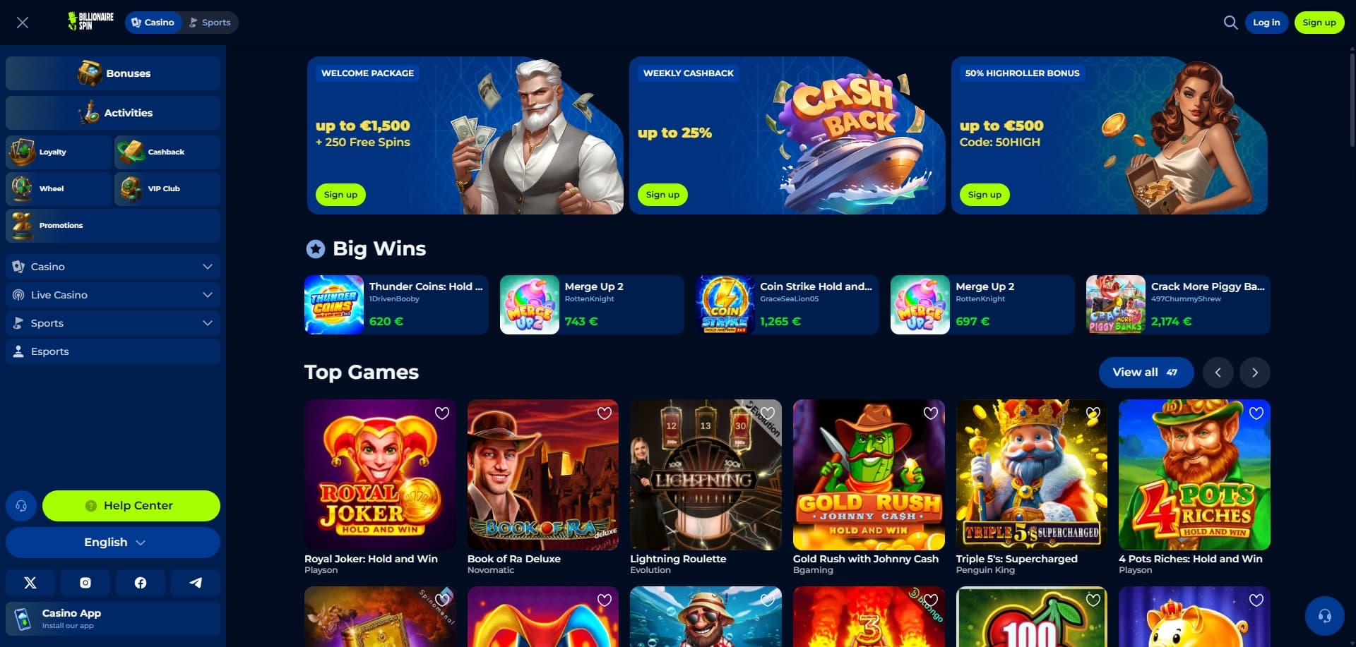 Billionaire Spin homepage