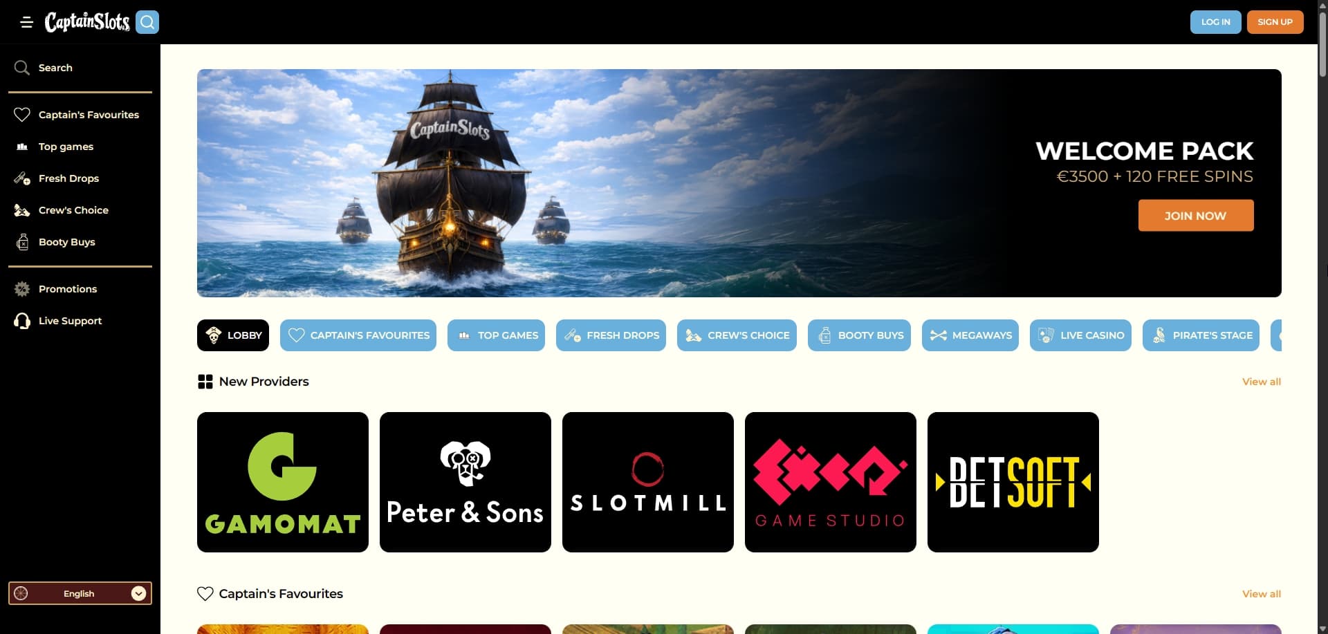 Captain Slots homepage