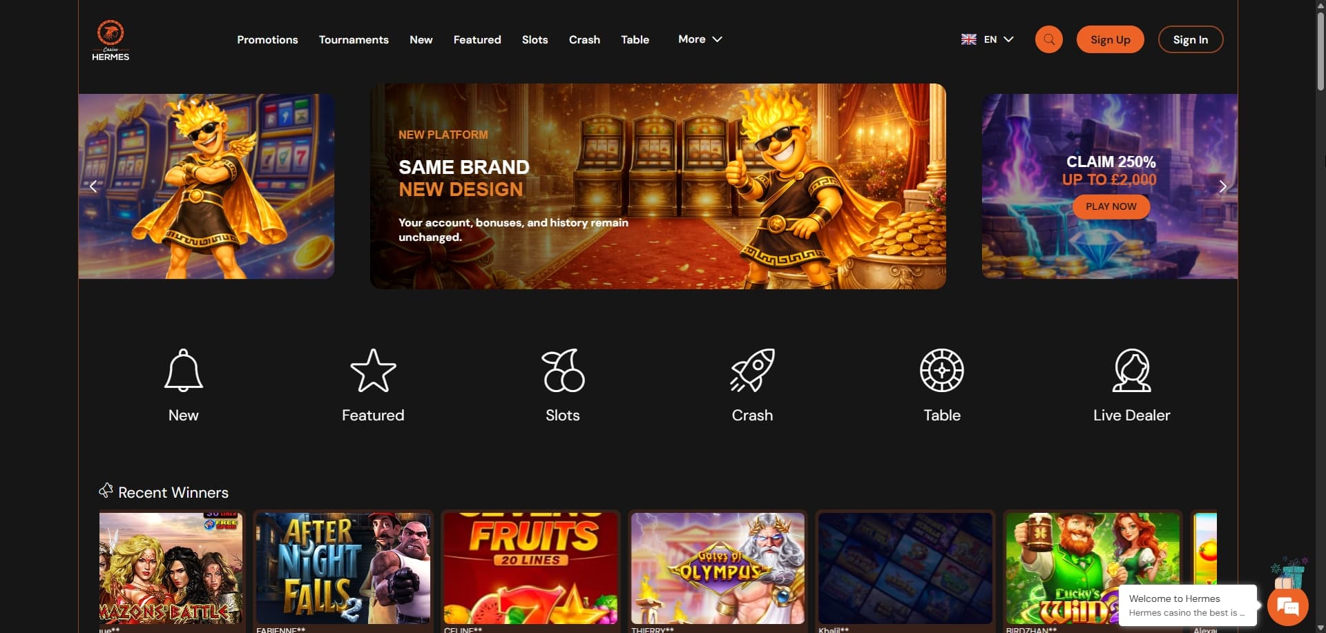 Hermes Casino homepage
